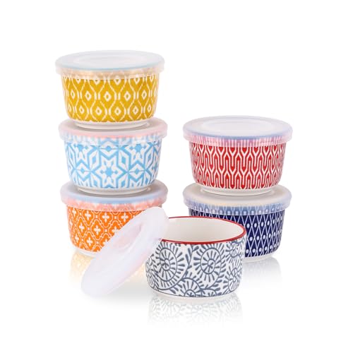 Selamica Ramekins with Lids 4 oz Oven Safe, Creme Brulee Ramekins Souffle Dishes with Covers, Stackable Ceramic Mini Ramekin Bowls Set for Dipping, Custard, Pudding, Baking, Set of 6, Assorted Colors