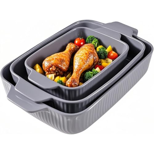 Yachi Ceramic Casserole Dishes for Oven Set of 3 Pcs Rectangular Bakeware Set with Handle for Steak Beef Baking Pan Roast Chicken spaghetti Lasagna Pan vegetables Microwave Oven and Dishwasher Safe Gray (14.8''/12.7''/9.8'')