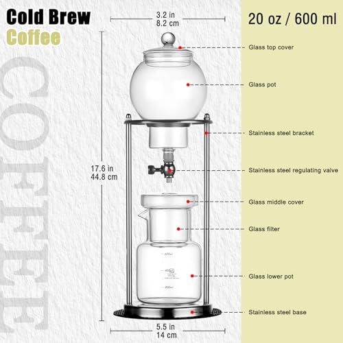 HANWUDI Cold Drip Coffee Maker - 20 oz Cold Brew Coffee Tower, Slow Drip Japanese Cold Brew Maker, Cold Brew Drip, Ice Coffee Tower