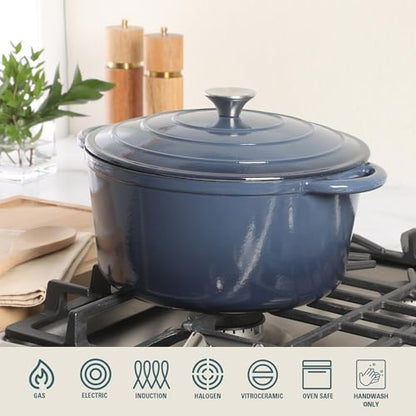 Gibson Home Addlestone 7 Qt Enameled Cast Iron Dutch Oven Pot with Lid – Round, Oven Safe to 500°F, Ideal for Bread Baking & Stews - Gradient Navy Blue
