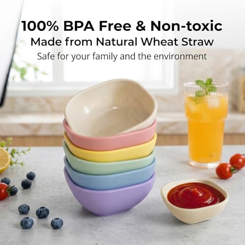 SHECIPIN 6 Pack Small Plastic Bowls 4.5 OZ Unbreakable Wheat Straw Dipping Bowls，plastic ramekins, Assorted Colors Dipping Sauce Cups, dip cups， Dessert, Ketchup