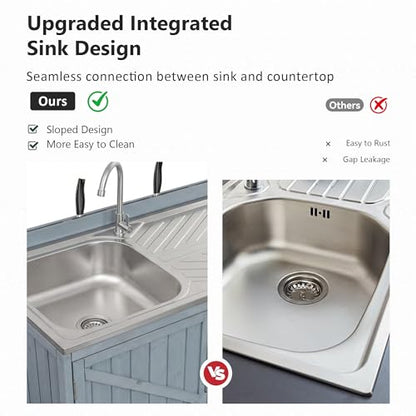 LUMISOL Outdoor Grill Cart with Stainless Steel Top, Farmhouse Outdoor Rolling Kitchen Island with Sink, Hose Hook Up & Faucet, 39.4" Kitchen Table with Back Splash & 4 Wheel, Grey+Blue