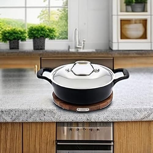 All-Clad Cast Iron Enameled Deep Skillet with Acacia Trivet 10 Inch Induction Oven Broiler Safe 650F Pots and Pans, Cookware Black