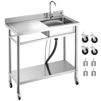 VEVOR Stainless Steel Utility Sink, Rolling Single Bowl Commercial Kitchen Sink with Wheels,Faucet and Hot & Cold Water Pipe,Utility Basin Workbench for Garage Restaurant Laundry 39.4 x 19.7 x 41.5 in
