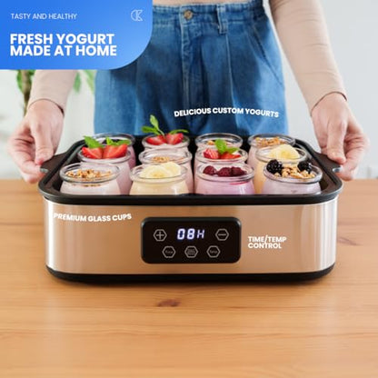 Collier Kitchen Automatic Yogurt Maker | 12 Glass Jars 180ml, Digital Timer & Temp Control | Stainless Steel Greek Yogurt Machine with Auto Shut-Off for Homemade Healthy Probiotic Snacks