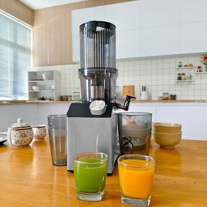 WHUTO Cold Press Juicer, Wide Feed Chute Juicer Machines, Stainless Steel Slow Masticating Juicers Easy to Clean, Vegetables & Fruits Juice Extractor, High Juice Yield, Platinum Color Knob