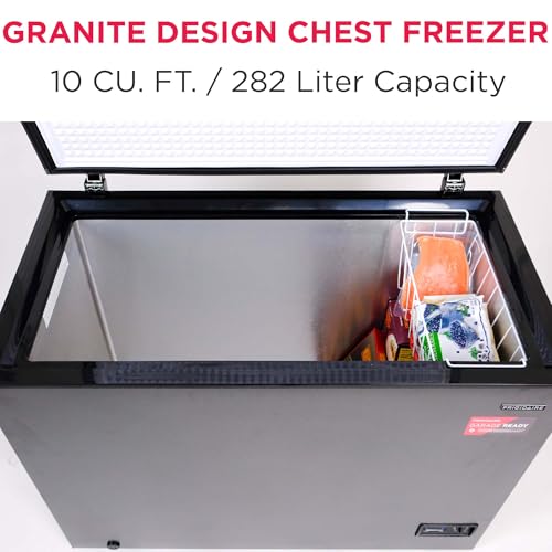 Frigidaire Chest Deep Freezer, 10 Cu. Ft. Capacity, Granita Rugged Design-Adjustable Thermostat-Removable Vinyl Coated Wire Basket-Easy Defrost Drain
