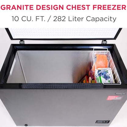 Frigidaire Chest Deep Freezer, 10 Cu. Ft. Capacity, Granita Rugged Design-Adjustable Thermostat-Removable Vinyl Coated Wire Basket-Easy Defrost Drain