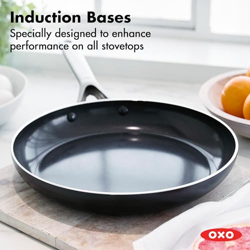 OXO 12" Nonstick Frying Pan Skillet, Ceramic PFAS-Free Nontoxic Pan, Induction Suitable, Dishwasher Safe, Oven Safe to 600°F, Kitchen Cooking Pot, Stainless Handle, Egg Pan, Black