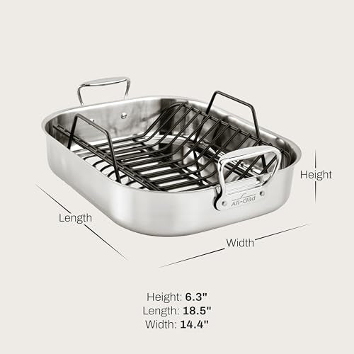 All-Clad Specialty Stainless Steel Roaster and Nonstick Rack 16x13x5 Inch Oven Broiler Safe 600F Roaster Pan, Pots and Pans, Bakeware, Turkey, Silver