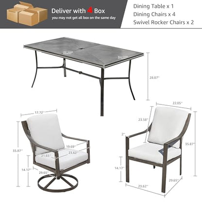 NATURAL EXPRESSIONS 7 Piece Patio Dining Table Outdoor Furniture Set for 6, 4Pcs Fixed and 2Pcs Swivel Patio Dining Chairs with Olefin Cushions, 65”Large Dining Table with Umbrella Hole