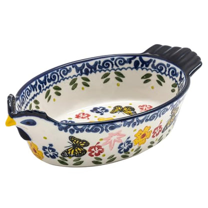 Uiifan 27 oz Ceramic Casserole Dishes Chicken Shape Vintage Pie Pan Bakeware Butterfly and Flower Pattern Plate Lasagna Pans Soup Bowl for Oven, Dishwasher and Microwave Safe