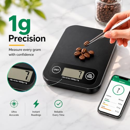URAMAZ Food Scale with Nutritional Calculator, Digital Food Scales for Kitchen Scale Grams and Ounces, Smart Food Weight Scale for Weight Loss, 20 Nutrients Tracking, Diet, Calories, Meal Prep, 11lb