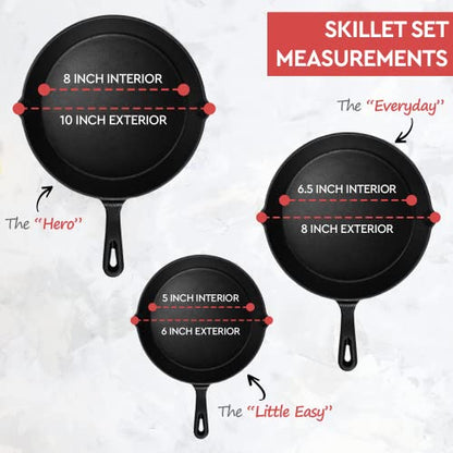 Simple Chef Cast Iron Skillet 3-Piece Set - Heavy-Duty Professional Restaurant Chef Quality Pre-Seasoned Pan Cookware Set - 10", 8", 6.1" Pans - For Frying, Saute, Cooking, Pizza & More,Black
