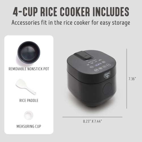 GreenLife Rice Cooker Digital 4-Cup (Cooked), Keep Warm, 4 Presets, Black