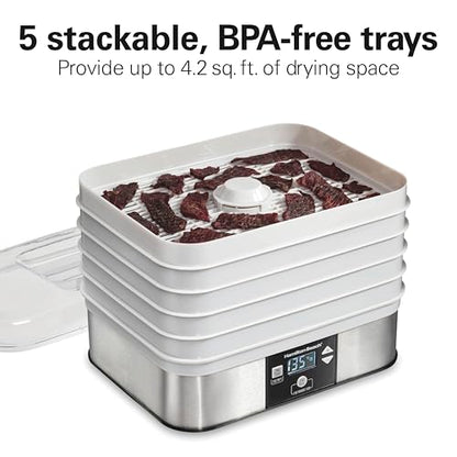 Hamilton Beach Digital Food Dehydrator for Fruit and Jerky, Vegetables and More, 5 Trays, Adjustable Temperature, 48 Hour Timer + Auto Shutoff, Grey (32100A)