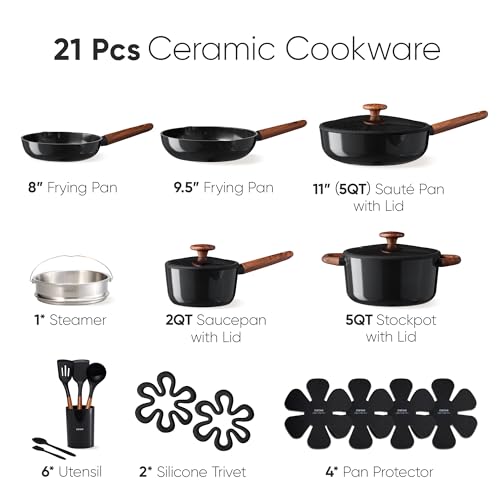 CAROTE 21pcs Cookware Set Nonstick Pots and Pans Set, Ceramic Cookware Set Induction Cookware, Non toxic Healthy Non Stick Kitchen Cooking Set, PFAS PTFE Free, Black
