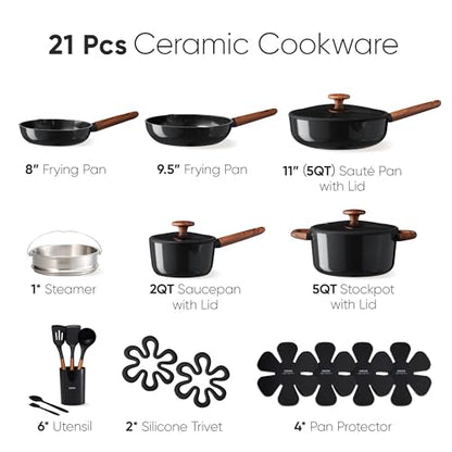 CAROTE 21pcs Cookware Set Nonstick Pots and Pans Set, Ceramic Cookware Set Induction Cookware, Non toxic Healthy Non Stick Kitchen Cooking Set, PFAS PTFE Free, Black