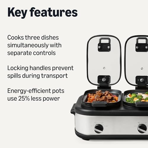 Amazon Basics Triple Slow Cooker with Ceramic Non-Stick Coating and Temperature Controls, 3 x 2.5 Quarts, Stainless Steel