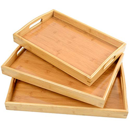 3 Pack Bamboo Serving Trays with Handles, Rectangular Kitchen Food Tray for Eating, Dinner Trays for Eating on Couch, Wood Serving Platter for Breakfast, Tea, Bar, Restaurant, Party or Bed (Beige)