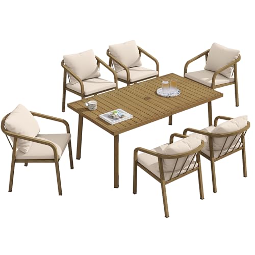 SEEHILL 7-Piece Patio Dining Set, Never-Rust Aluminum Outdoor Dining Set for 6, Rectangular Outdoor Table and Chairs Set with Washable Cushions, Patio Furniture Set for Poolside, Deck, Backyard, Teak