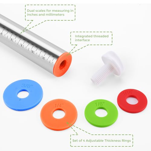 Rolling Pin with Adjustable Thickness Rings for Baking,Stainless Steel Dough Roller,Baking Supplies for Cookie Fondant Pizza Cake Pasta