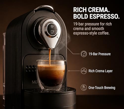 Mixpresso Black Espresso Coffee Machine – Compact 1400W Single Serve Coffee Maker Compatible with Nespresso OriginalLine Capsules, One-Touch Operation, 19-Bar Italian Pump, 27oz Water Tank