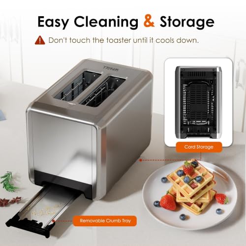 WHALL Full Touch Screen Toaster 2 Slice, Smart Toaster for Bread, Silver