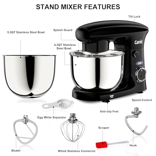Camic Stand Mixer, 4.2QT+5.3QT Two bowls Electric Mixer,Black