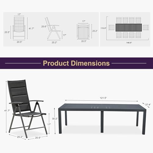 PURPLE LEAF Outdoor Dining Set for 11 Folding Patio Dining Set with Aluminum Rectangular Table and Padded Chairs All Weather Dining Table Sets for Garden Backyard Poolside, Black
