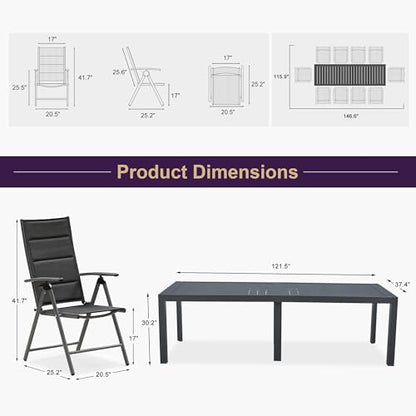 PURPLE LEAF Outdoor Dining Set for 11 Folding Patio Dining Set with Aluminum Rectangular Table and Padded Chairs All Weather Dining Table Sets for Garden Backyard Poolside, Black