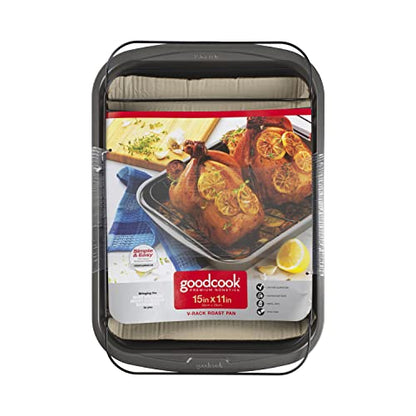 GoodCook Everyday Roast Pan with Rack Rectangular Nonstick Construction Large Capacity Metal Utensil-Safe, 15 x 11-Inch, Gray