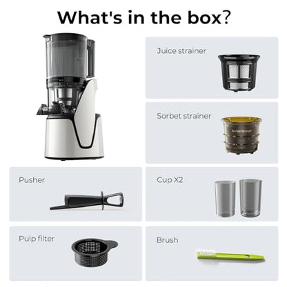EanOruus Juicer Machines, 3-in-1 Cold Press Juicer with 6.5" Extra Large Chute, 100oz Large Capacity, AC Motor, Makes Juice, Nut Milk & Sorbet, Bright White