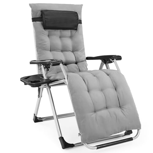 DUMOS Zero Gravity Chair, Reclining Camping Lounge Chair for Outdoor, Reclining Patio Chairs with Cup Holder Trays and Removable Cushion, Folding Recliner for Indoor, Grey