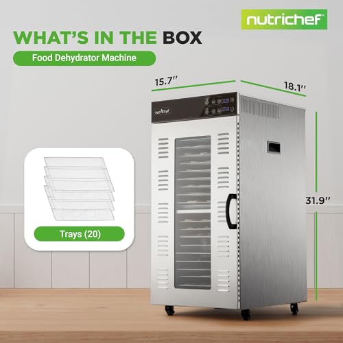 NutriChef Commercial Dehydrator Machine 2000-Watts Electric Food Dehydrator - Extra Large 20 Stainless Steel Trays, Digital Control 167°F Dryer for Jerky, Meat, Dog Treats, Herbs, and Fruit