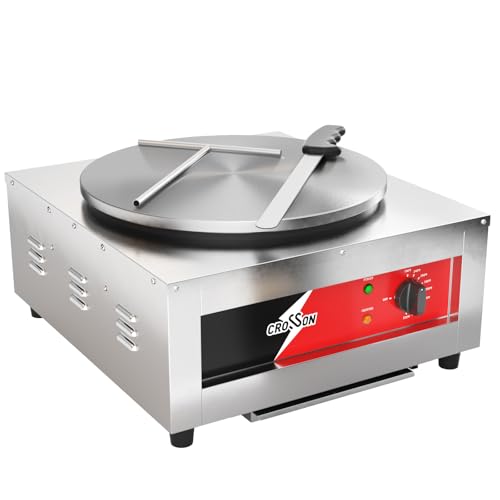 CROSSON Commercial Electric Crepe Maker, 16-Inch Large Cooking Plate 1800W ETL Certified, Stainless Steel Pancake Griddle with Accessories Storage & Metal Spatula/Spreader