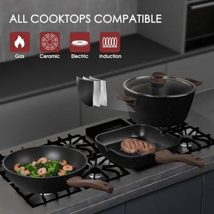 Kikcoin Pots and Pans Set Non Stick 31 Piece Kitchen Nonstick Cooking Cookware Sets with Grill Pan Saucepan Baking Sheet Utensil, Black