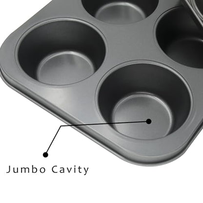 Bakexcel Non-Stick Muffin Pans, 6-Cup Set of 2 Jumbo Baking Pans with a Spatula for Extra-large Muffins & Cupcakes