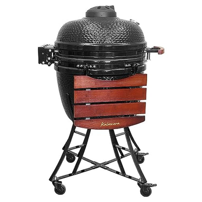 Kalamera 24” Ultimate Outdoor Ceramic Grill Kamado with Cart and Side-wings Black
