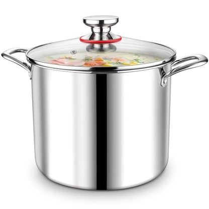 P&P CHEF 10 Quart Tri-Ply Stainless Steel Stockpot, Stock Pot with Visible Lid for Soup Pasta Vegetable, Induction Cooking Pot for All Stoves, Sturdy & Double Handle, Dishwasher Safe