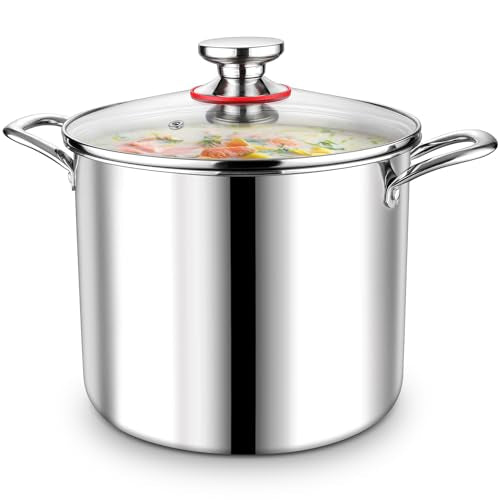 P&P CHEF 10 Quart Tri-Ply Stainless Steel Stockpot, Stock Pot with Visible Lid for Soup Pasta Vegetable, Induction Cooking Pot for All Stoves, Sturdy & Double Handle, Dishwasher Safe
