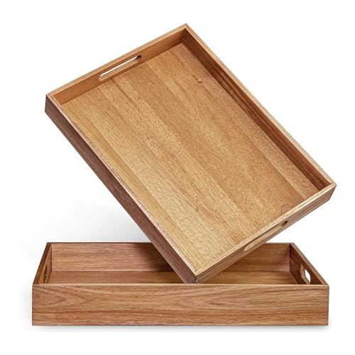 Acacia Wood Serving Tray with Handles Set of 2 – Decorative Serving Trays Platter for Breakfast in Bed, Lunch, Dinner, Patio, Ottoman, Coffee Table, BBQ, Party –Great for Lap &Couch