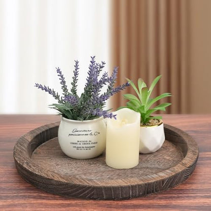 Mulaibdin 2 Pcs Decorative Serving Trays, Wooden Coffee Table Tray Set of 2, Candle Holder Home Decor Round Tray for Farmhouse Kitchen Counter Bathroom Living Room Decor (Brown)