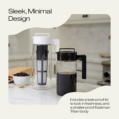 Takeya Deluxe Cold Brew Coffee Maker - BPA-Free Tritan Pitcher with Airtight Leakproof Lid, Silicone Grip Handle, Fine-Mesh Filter - Shatter-Proof, Dishwasher Safe, Made in USA - 2 Quart/Black