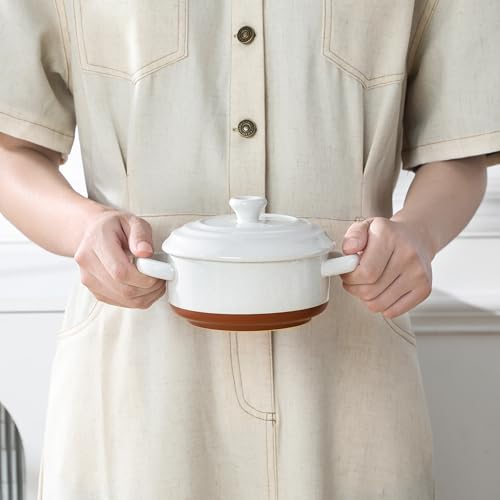 MALACASA Mini Cocotte Set - 12 OZ Small Casserole Dishes for Oven, Ramekins with Lids and Handles, Ceramic Mini Dutch Oven Set of 4, Microwave & Dishwasher Safe, Khaki White, Series TARA