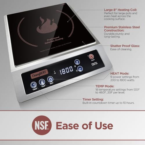 ChangBERT Professional Induction Cooktop, NSF Certified Countertop Burner, Large Coil for Even Heating, Precise Temperature Control, 10 Hours Timer, 1800W Powerful Hot Plate for Home & Commercial Use