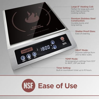 ChangBERT Professional Induction Cooktop, NSF Certified Countertop Burner, Large Coil for Even Heating, Precise Temperature Control, 10 Hours Timer, 1800W Powerful Hot Plate for Home & Commercial Use