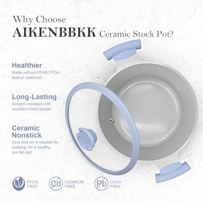AIKENBBKK 5 Quart Stock Pot with Lid, Non Stick Cooking Pot, Ceramic Soup Pot Nonstick, Induction Cookware for Pasta,Soup,Spaghetti, Stay-Cool Handle, Suitable for All Stoves, PFAS-Free, Blue