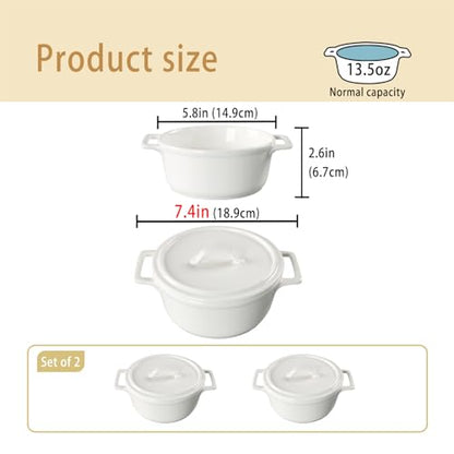 jinsongdafa Ceramic Mini Round Cocotte Set, 13.5 Ounces Small Casserole Dishes with Lids and Handles, Set of 2, Individual Baking Ramekins, Oven, Microwave & Dishwasher Safe