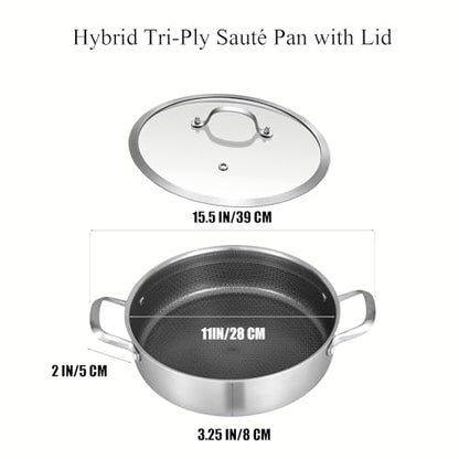 Inqibee 5 QT Hybrid Nonstick Saute Pan with Lid, Tri-Ply Stainless Steel 12 Inch Deep Frying Pan Cookware, PFOA & PFOS Free, Induction Compatible, All Cooktops, Oven & Dishwasher Safe